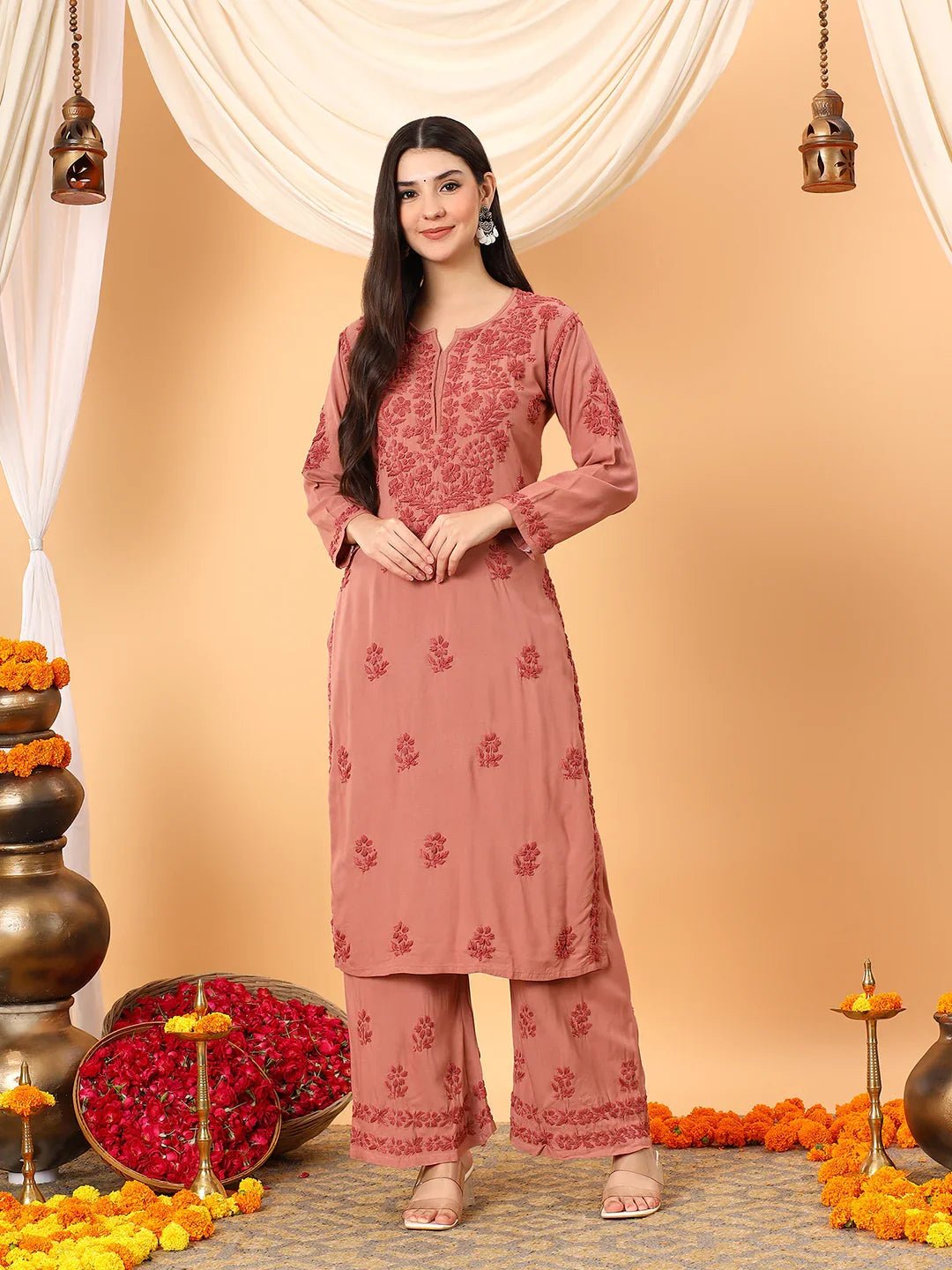 Faiza Chikankari Rayon Co-ord Set (Nude Coral)