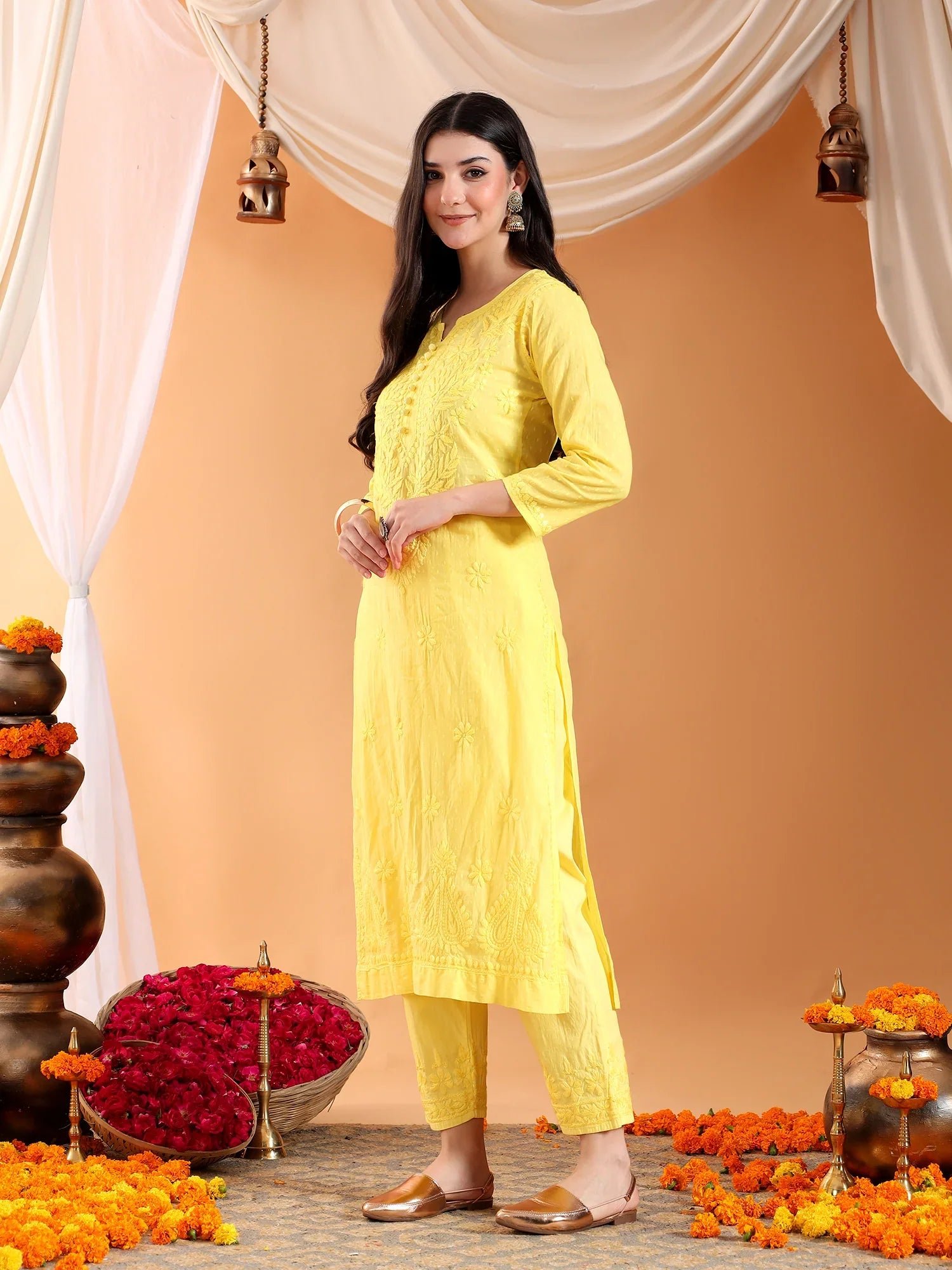 Ananya Chikankari Kurta Pant Cotton Co-ord Set (Yellow) - Image 5