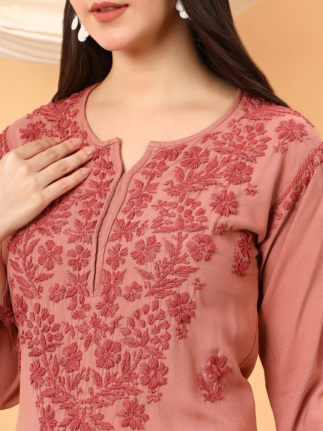 Faiza Chikankari Rayon Co-ord Set (Nude Coral) - Image 2