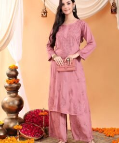 Maryam Chikankari Rayon Co-ord Set (Nude Coral)