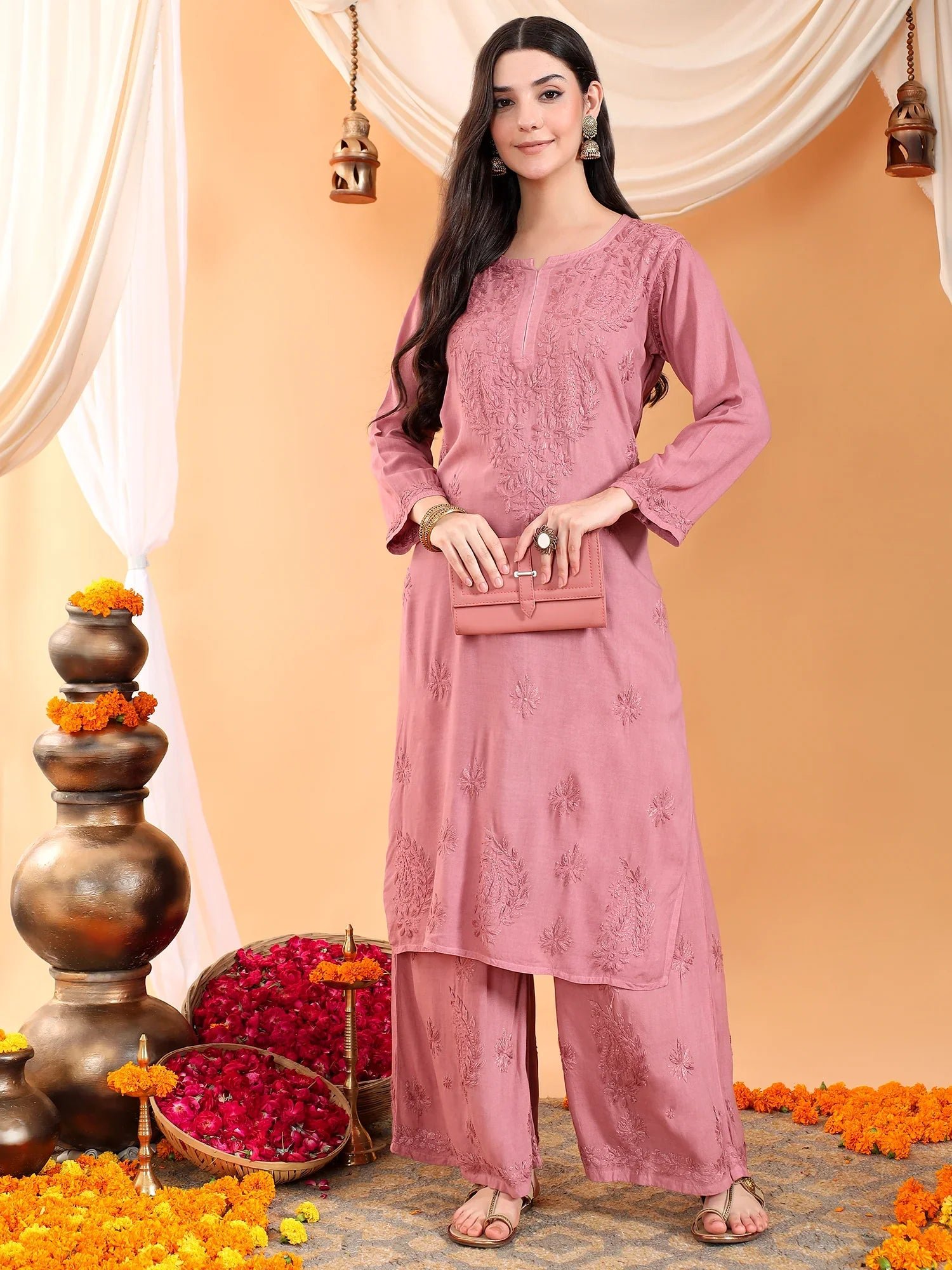Maryam Chikankari Rayon Co-ord Set (Nude Coral)