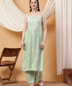 Raha Chikankari Strappy Rayon Co-ord Set (Pastel Green) - Image 4