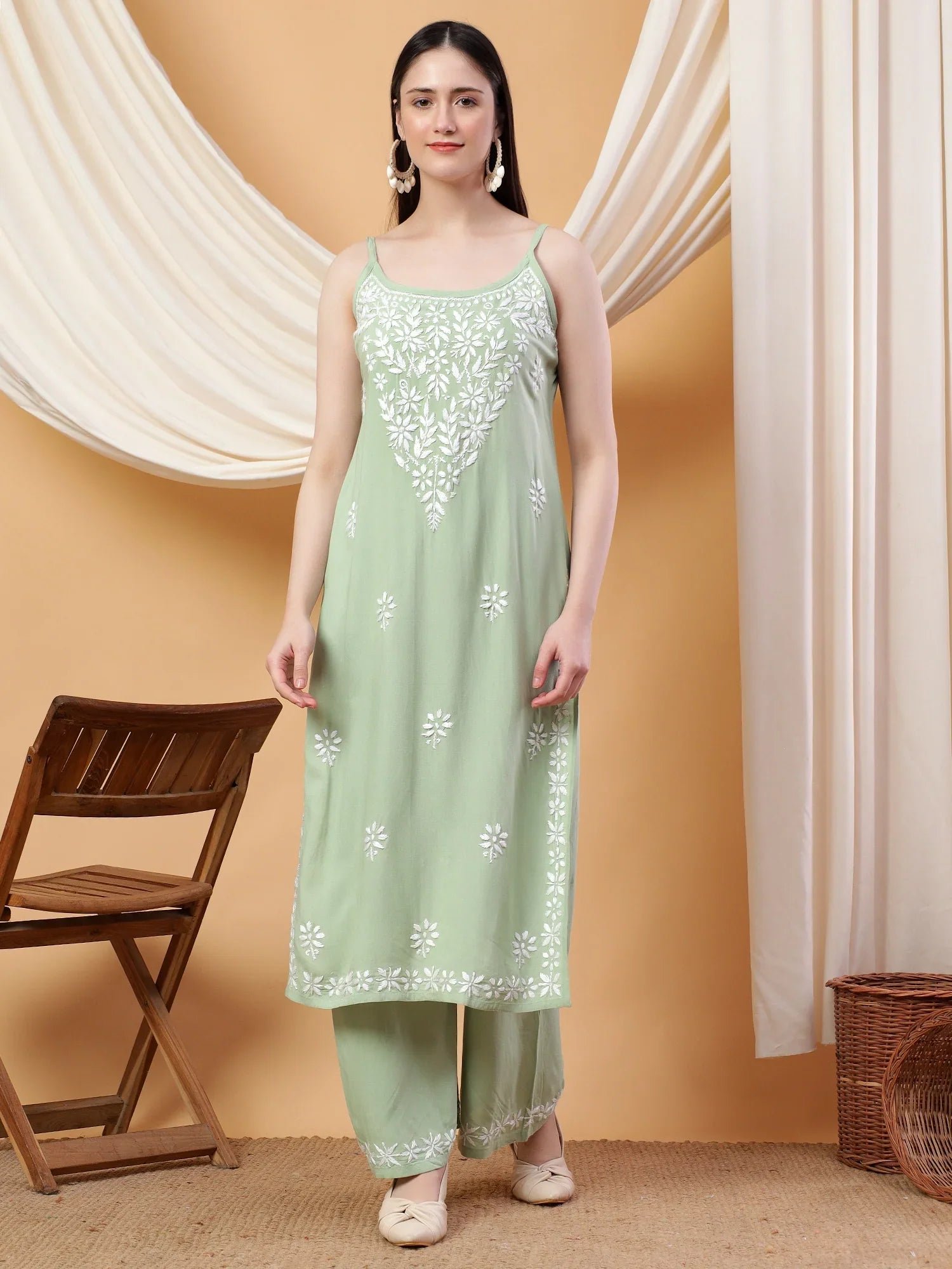 Raha Chikankari Strappy Rayon Co-ord Set (Pastel Green) - Image 4