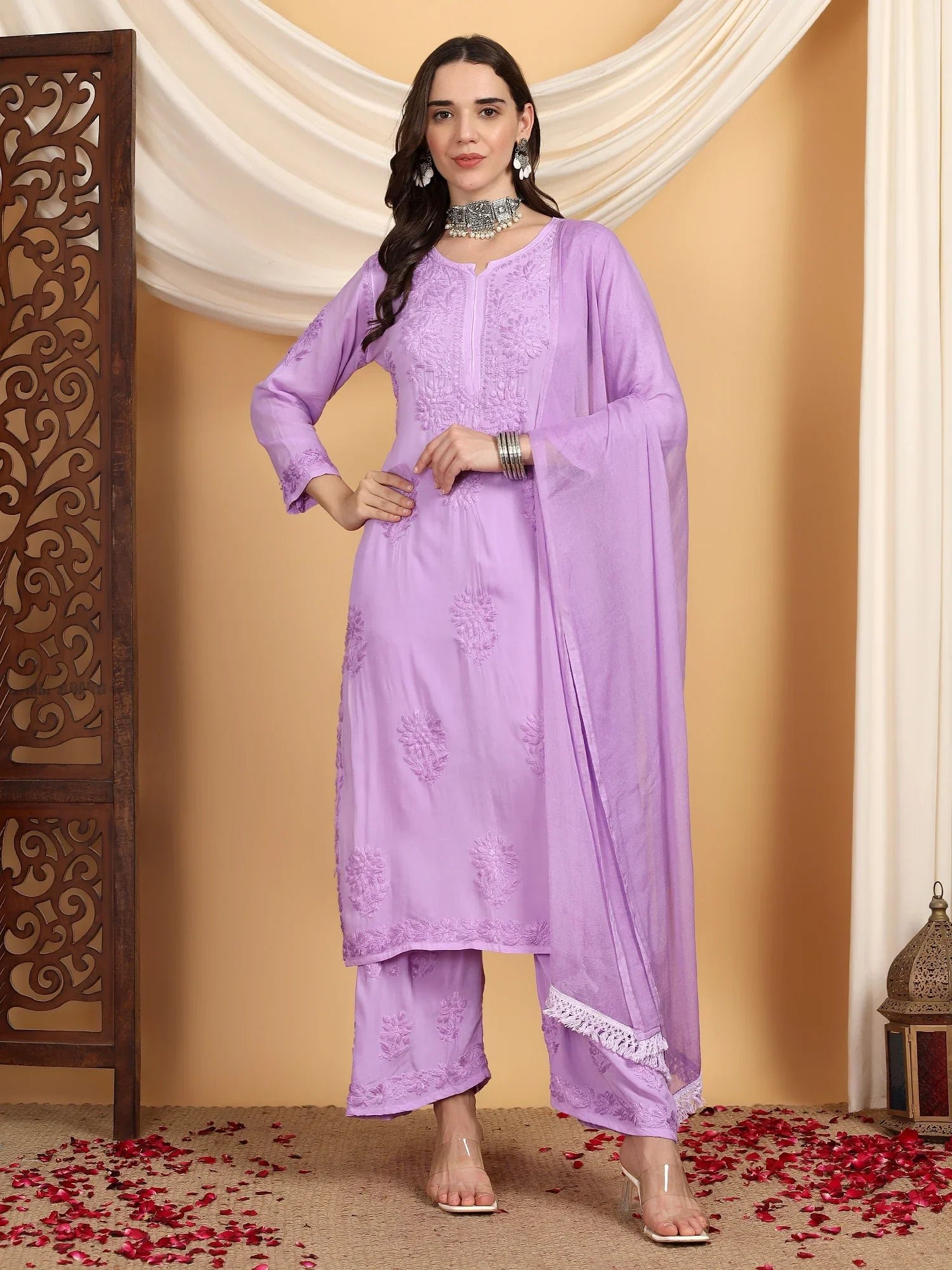 Farha Chikankari Premium Modal Co-ord Set (Lavender) - Image 4
