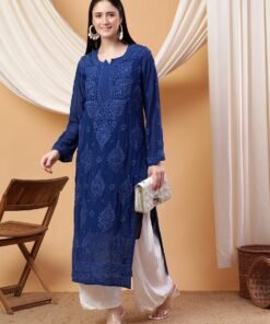 Dua Premium Viscose 3D Chikankari Straight Kurta (Navy)
