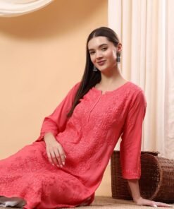 Alternative view of Alina Chikankari Modal Straight Kurta (Coral)