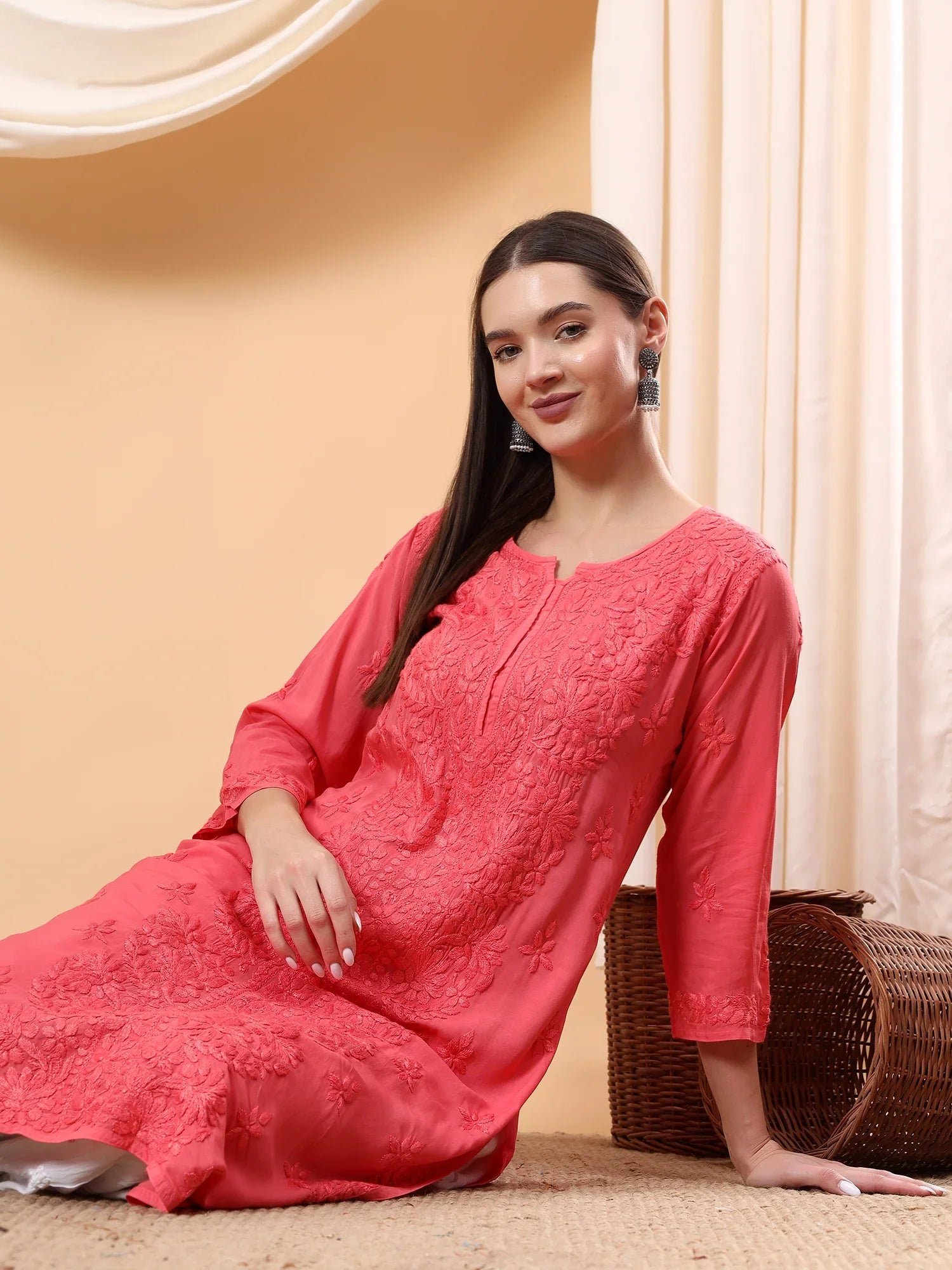 Alina Chikankari Modal Straight Kurta (Coral) - Image 2