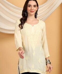 Alternative view of Misha Chikankari Modal Short Kurti (Yellow)