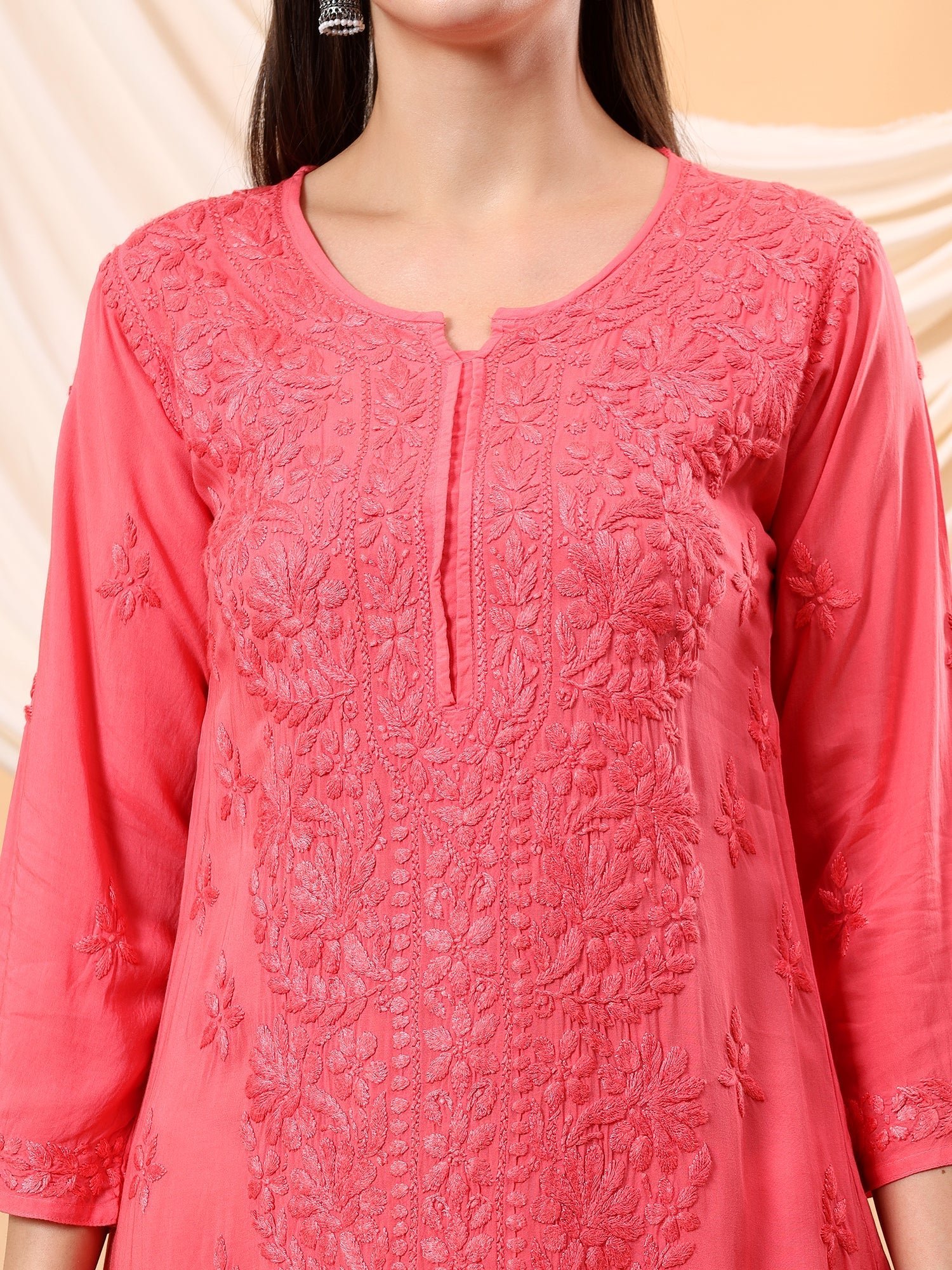 Alina Chikankari Modal Straight Kurta (Coral) - Image 3