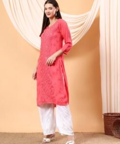 Alina Chikankari Modal Straight Kurta (Coral) - Image 4