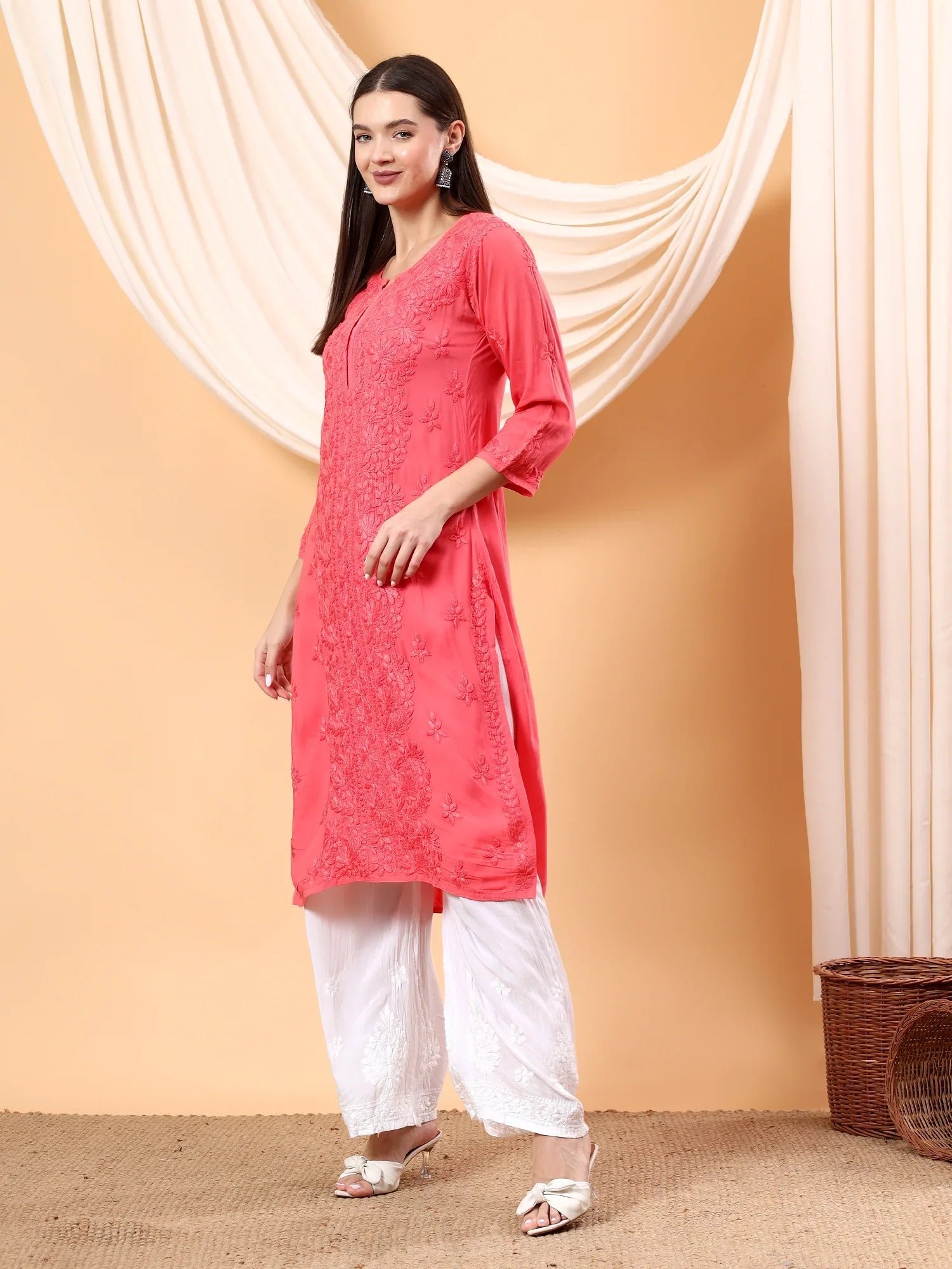 Alina Chikankari Modal Straight Kurta (Coral) - Image 4