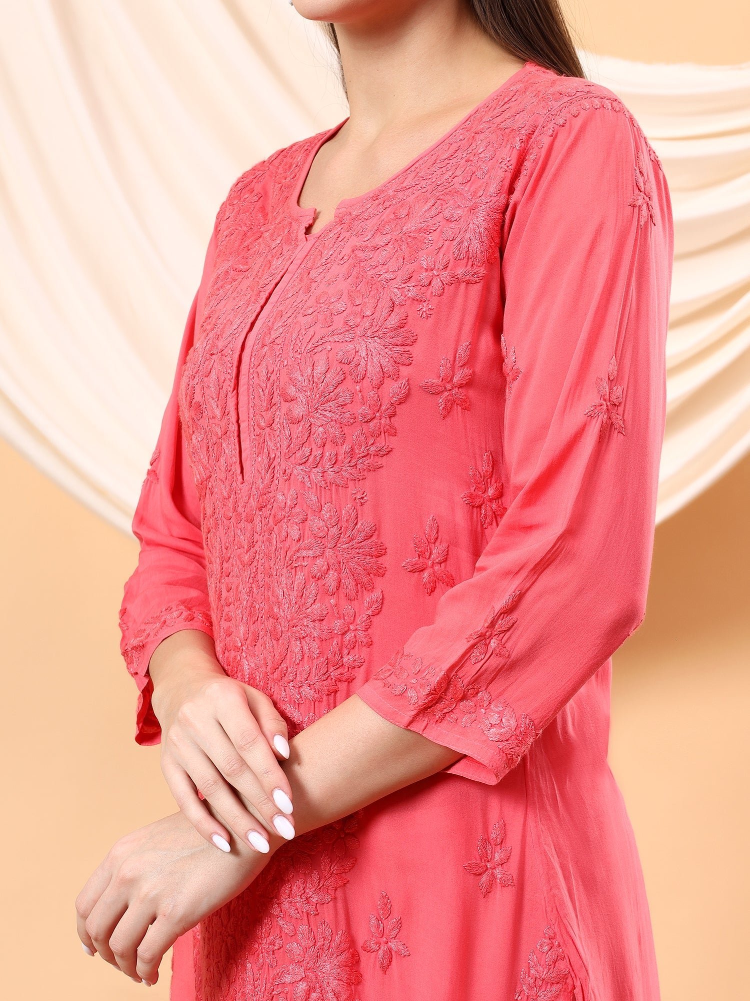 Alina Chikankari Modal Straight Kurta (Coral) - Image 5