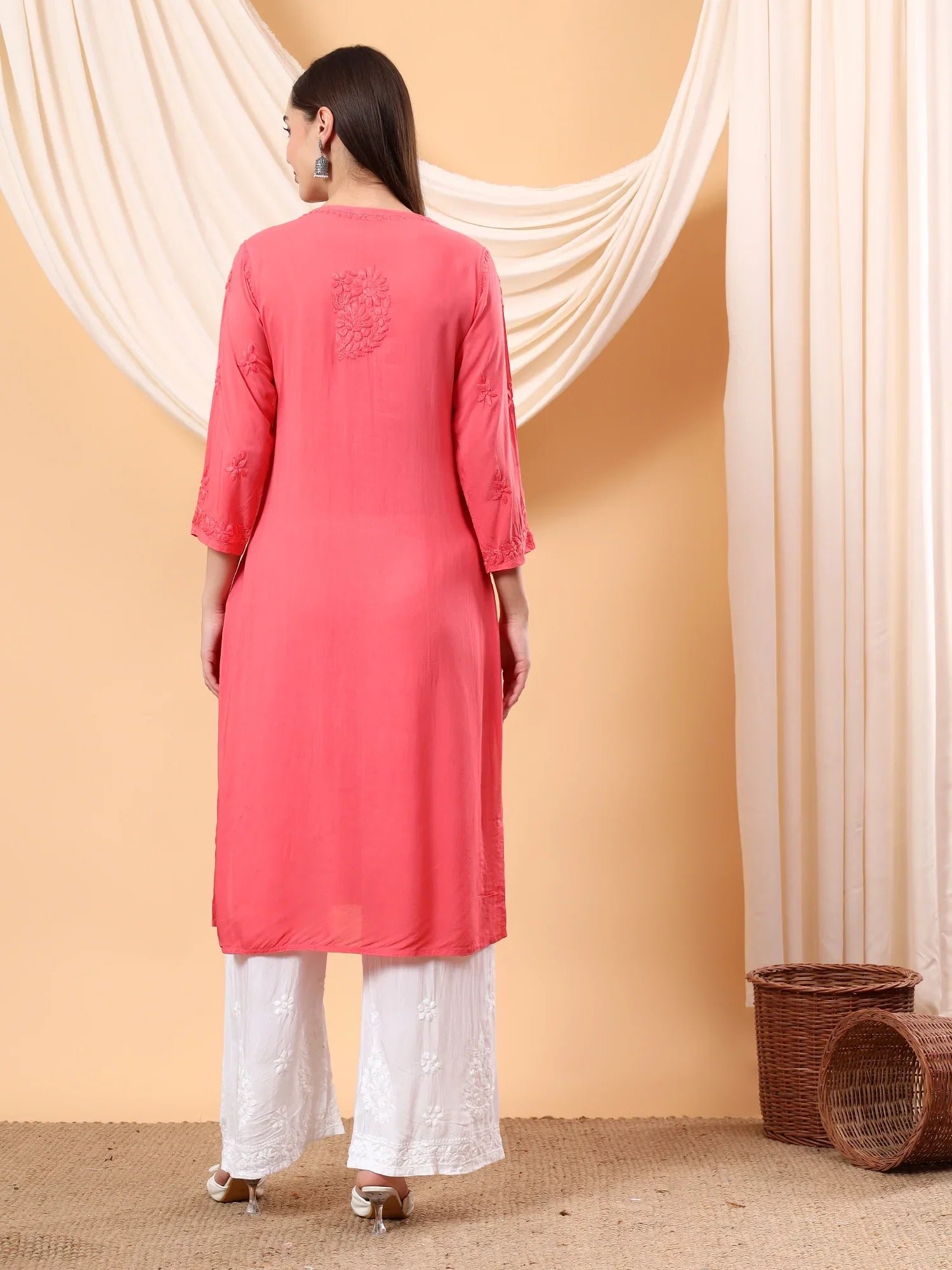 Alina Chikankari Modal Straight Kurta (Coral) - Image 6