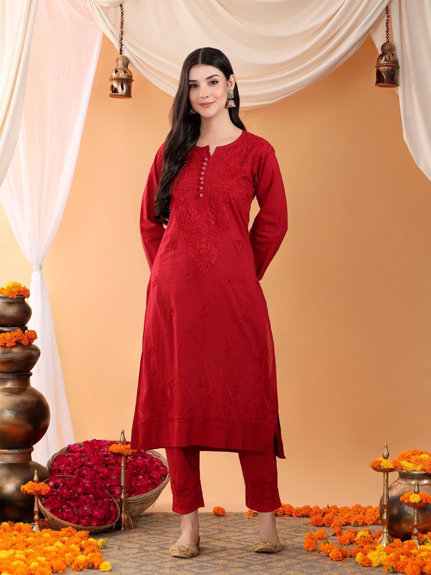 Ananya Chikankari Kurta Pant Cotton Co-ord Set (Maroon) - Image 5