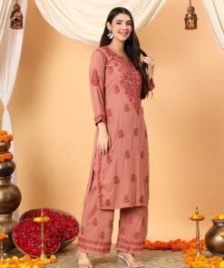 Faiza Chikankari Rayon Co-ord Set (Nude Coral) - Image 3