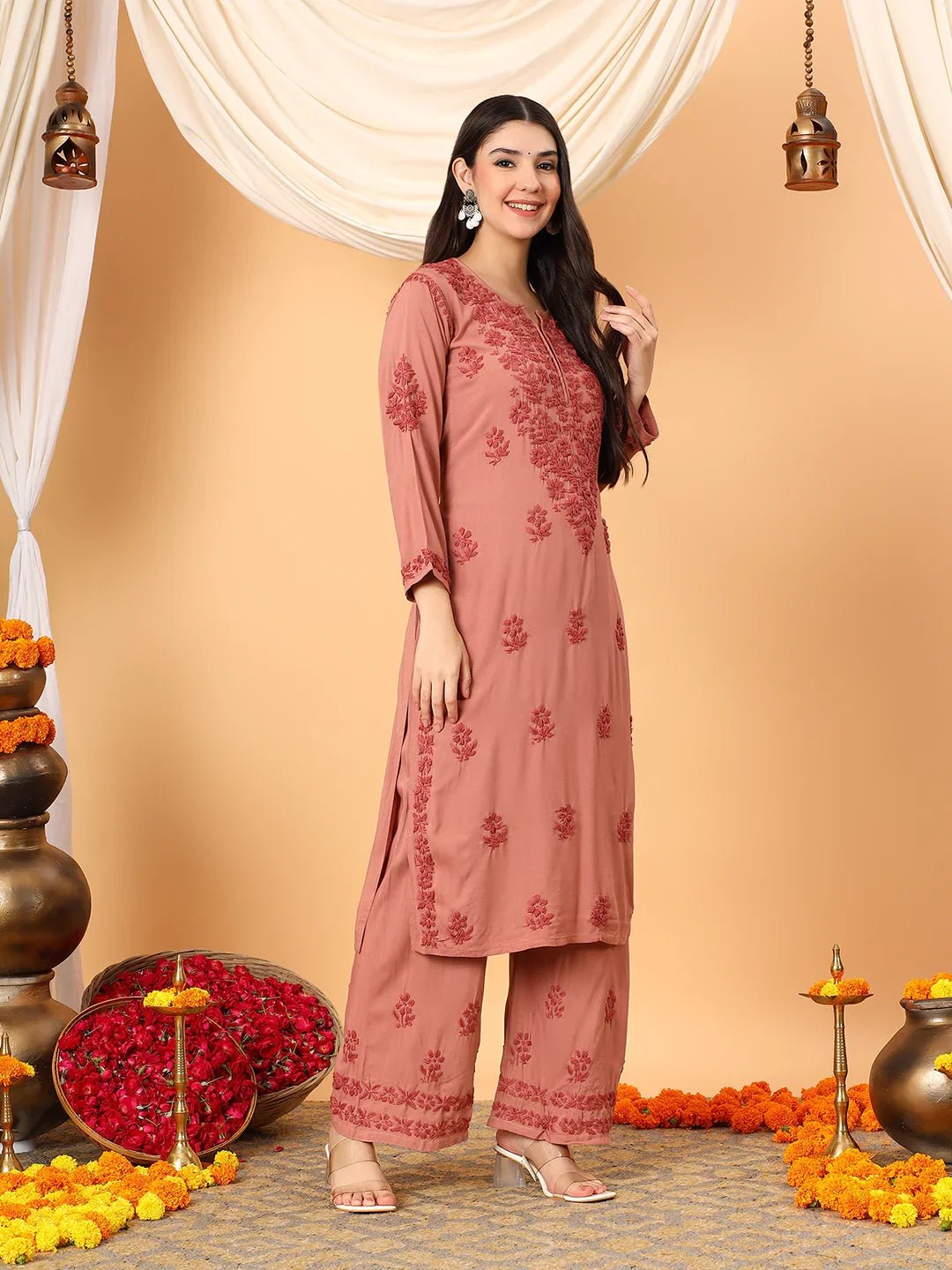 Faiza Chikankari Rayon Co-ord Set (Nude Coral) - Image 3