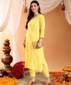 Ananya Chikankari Kurta Pant Cotton Co-ord Set (Yellow) - Image 7