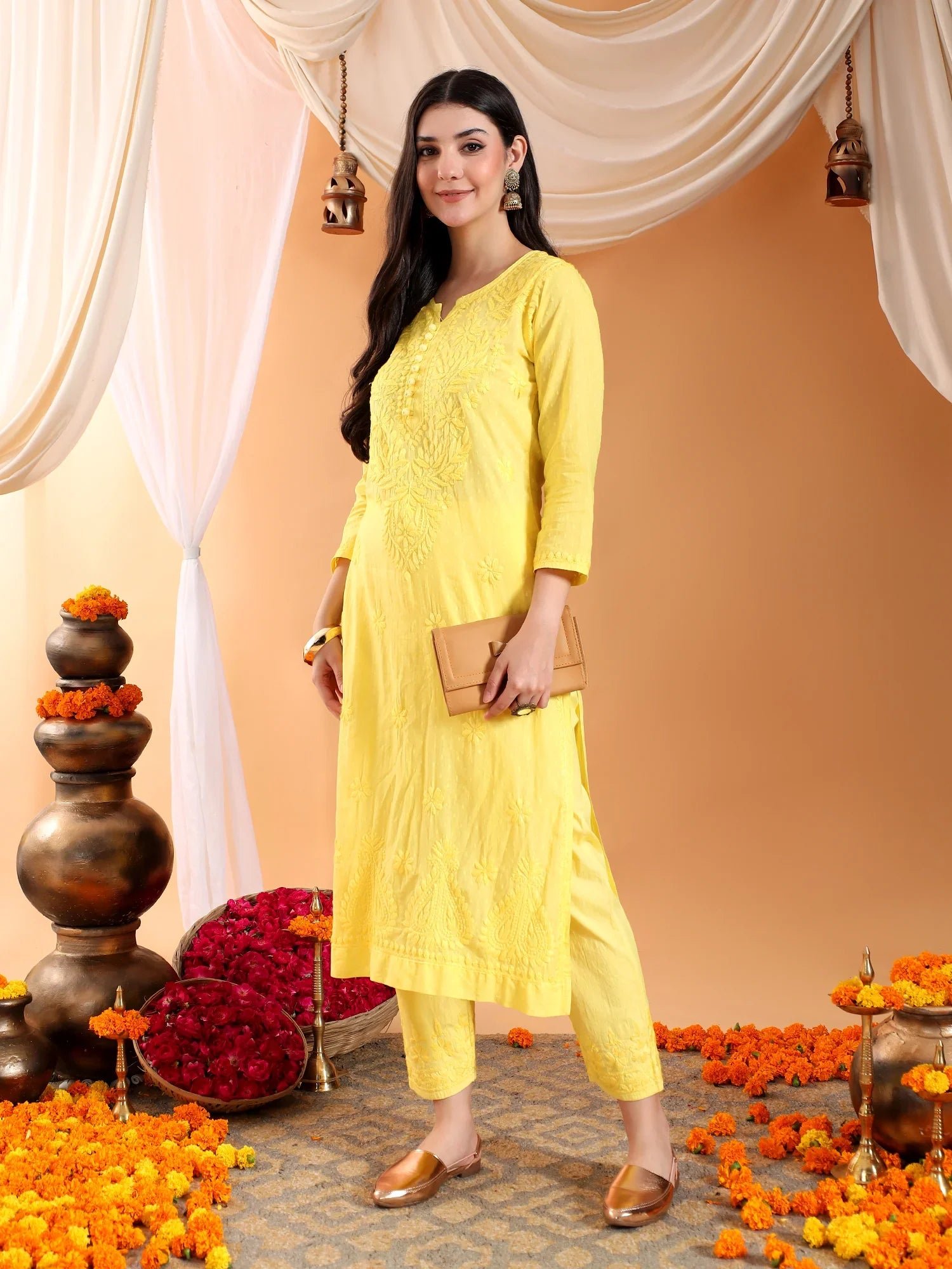 Ananya Chikankari Kurta Pant Cotton Co-ord Set (Yellow) - Image 7