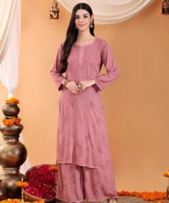 Maryam Chikankari Rayon Co-ord Set (Nude Coral) - Image 3