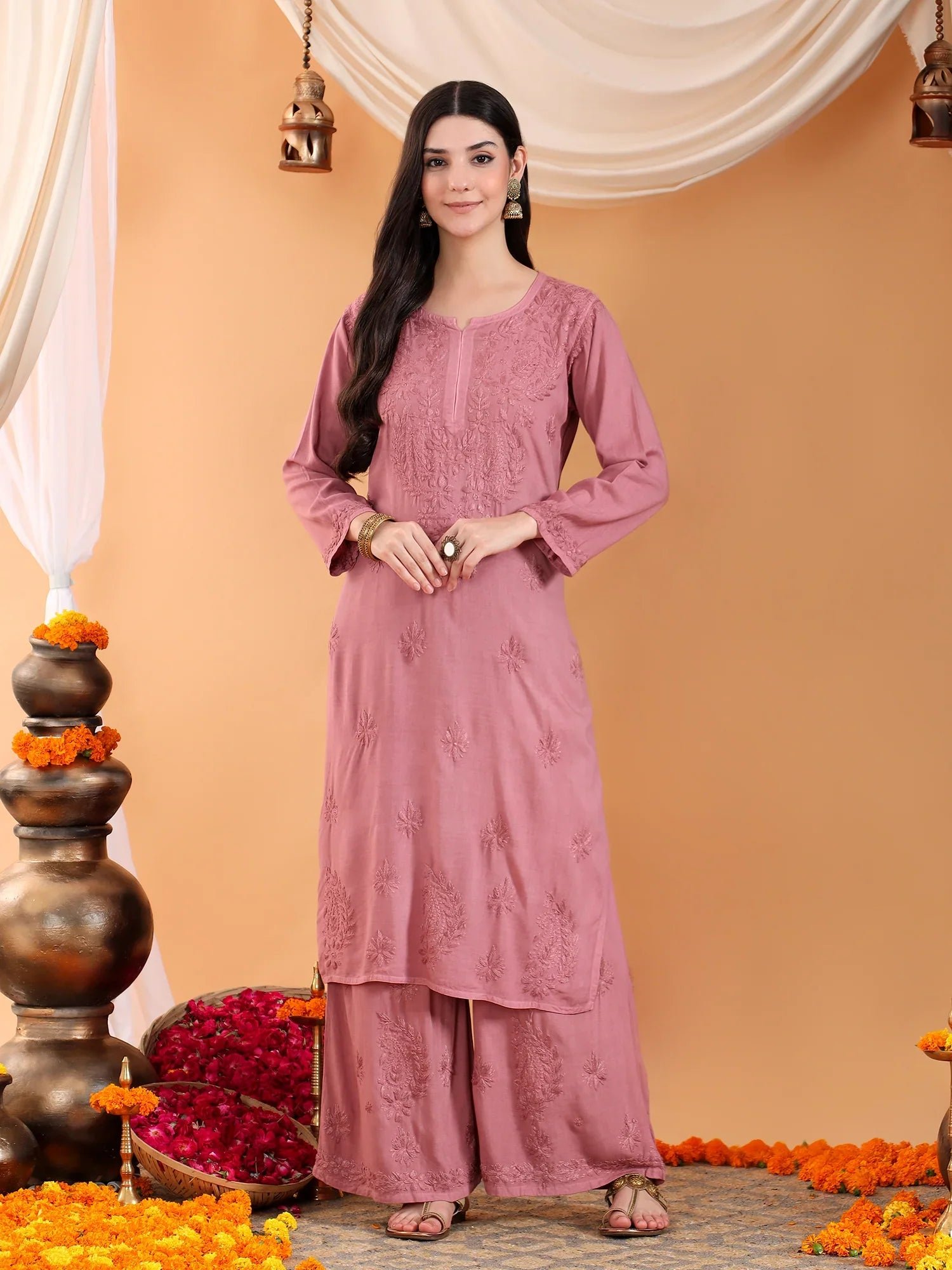 Maryam Chikankari Rayon Co-ord Set (Nude Coral) - Image 3