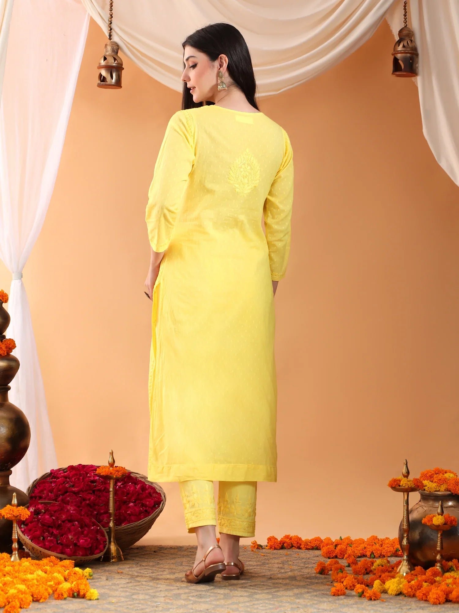 Ananya Chikankari Kurta Pant Cotton Co-ord Set (Yellow) - Image 8