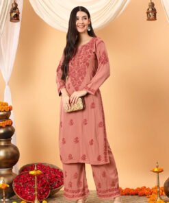 Faiza Chikankari Rayon Co-ord Set (Nude Coral) - Image 5