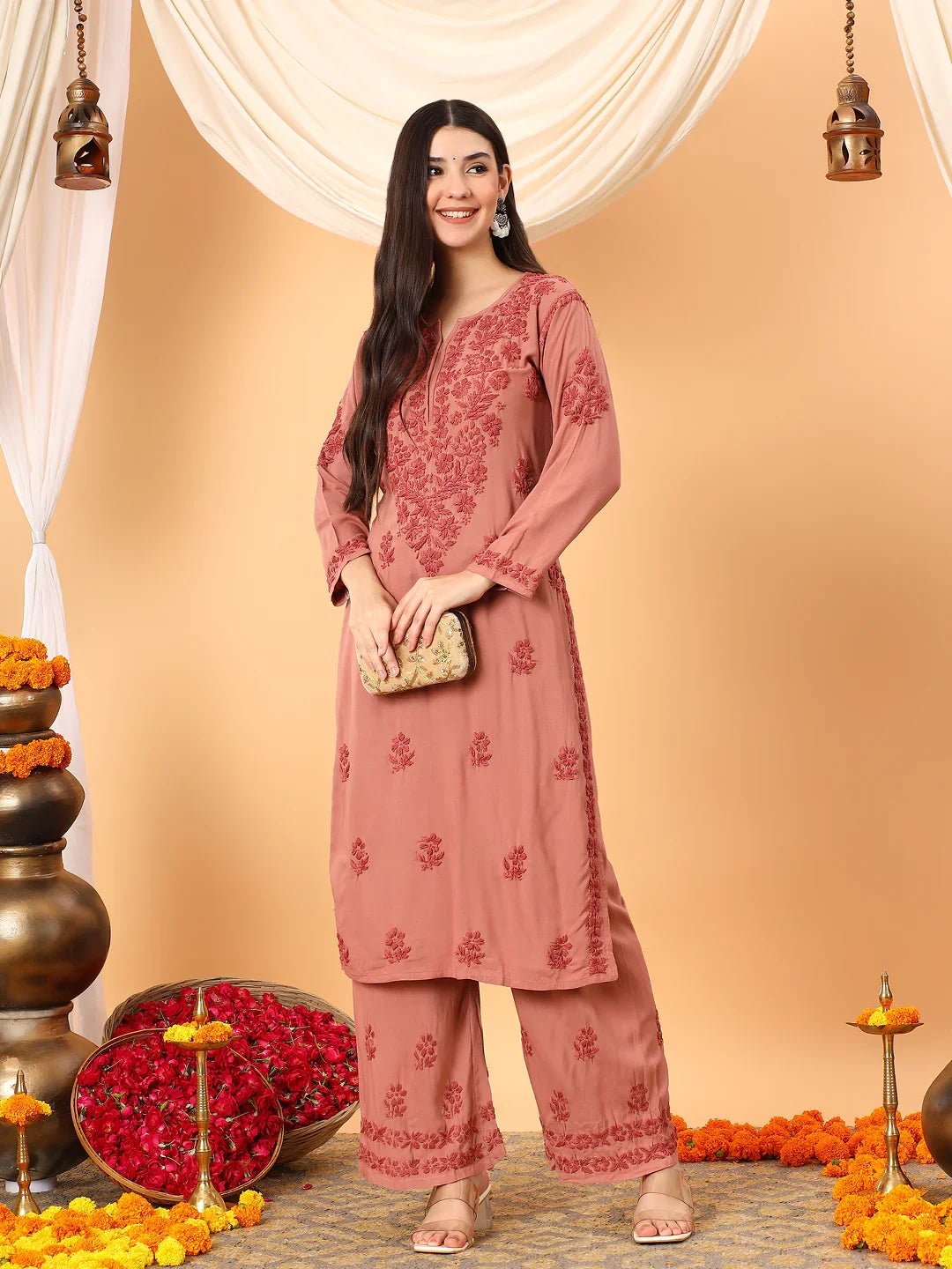 Faiza Chikankari Rayon Co-ord Set (Nude Coral) - Image 5