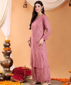 Maryam Chikankari Rayon Co-ord Set (Nude Coral) - Image 4