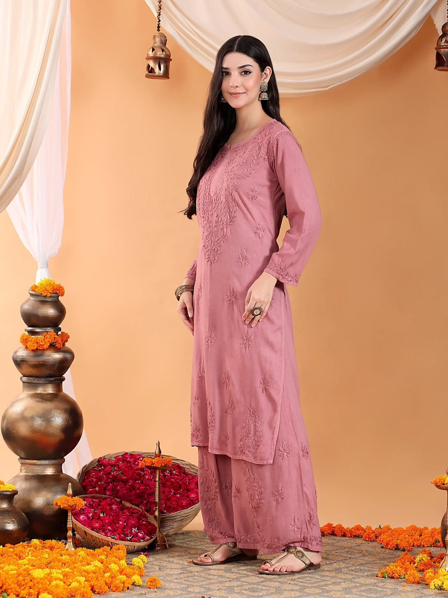 Maryam Chikankari Rayon Co-ord Set (Nude Coral) - Image 4