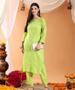 Ananya Chikankari Kurta Pant Cotton Co-ord Set (Parrot Green)
