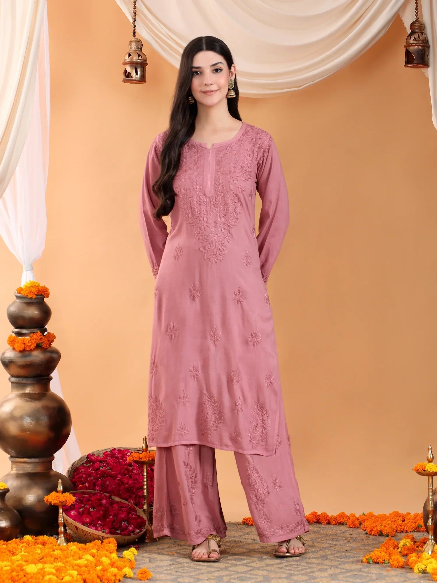 Maryam Chikankari Rayon Co-ord Set (Nude Coral) - Image 5
