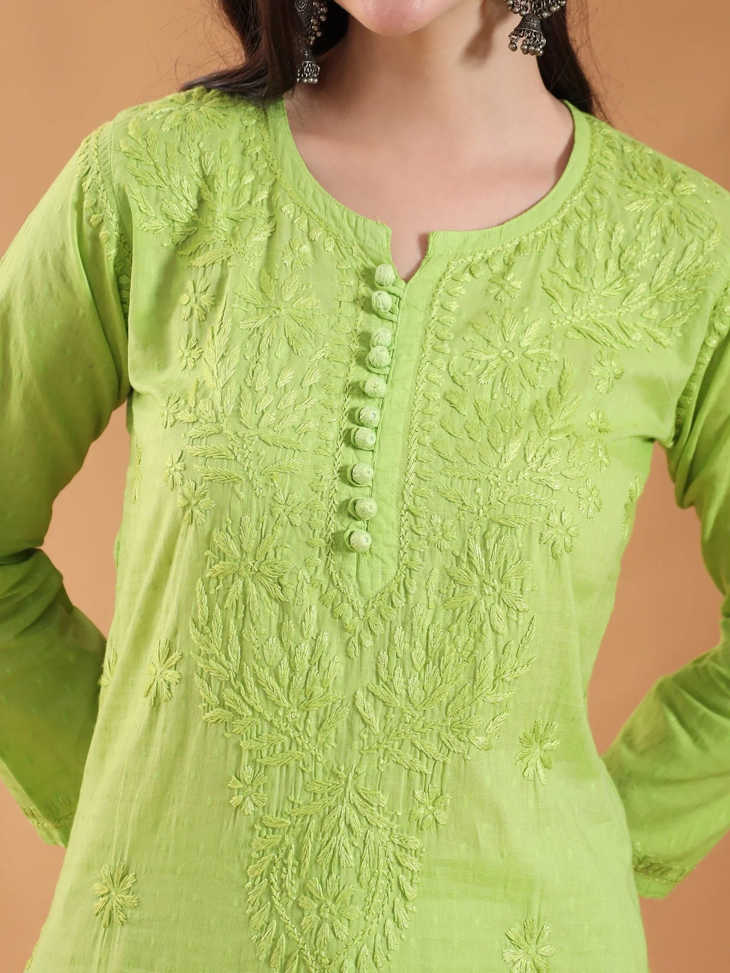 Ananya Chikankari Kurta Pant Cotton Co-ord Set (Parrot Green) - Image 2