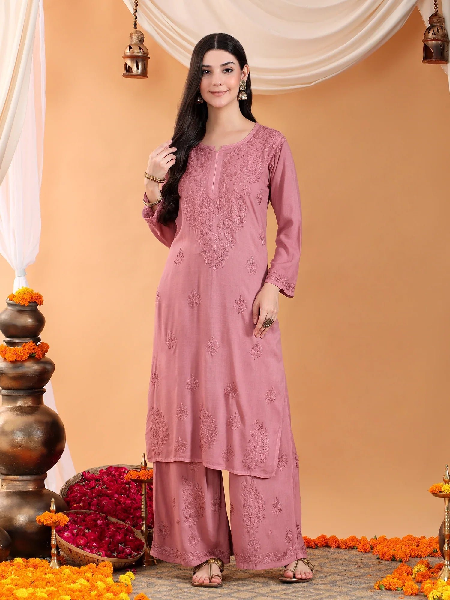Maryam Chikankari Rayon Co-ord Set (Nude Coral) - Image 6