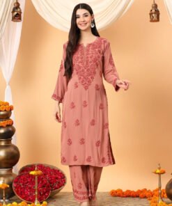Faiza Chikankari Rayon Co-ord Set (Nude Coral) - Image 7