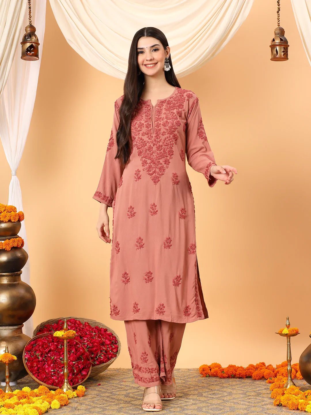 Faiza Chikankari Rayon Co-ord Set (Nude Coral) - Image 7