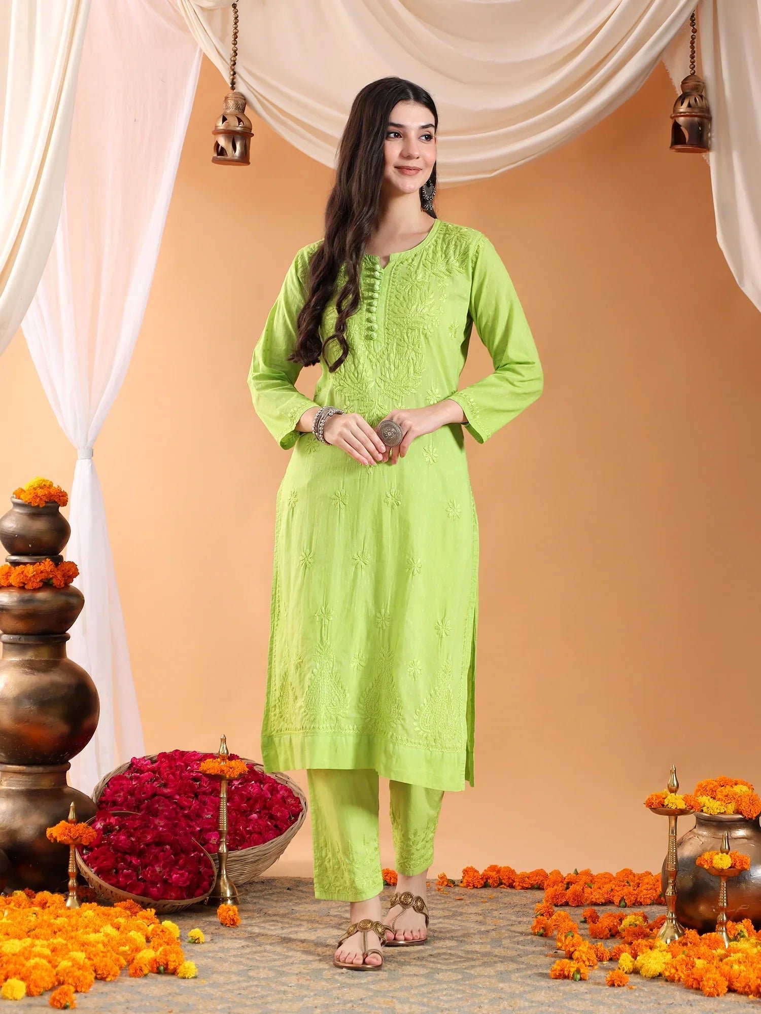 Ananya Chikankari Kurta Pant Cotton Co-ord Set (Parrot Green) - Image 3