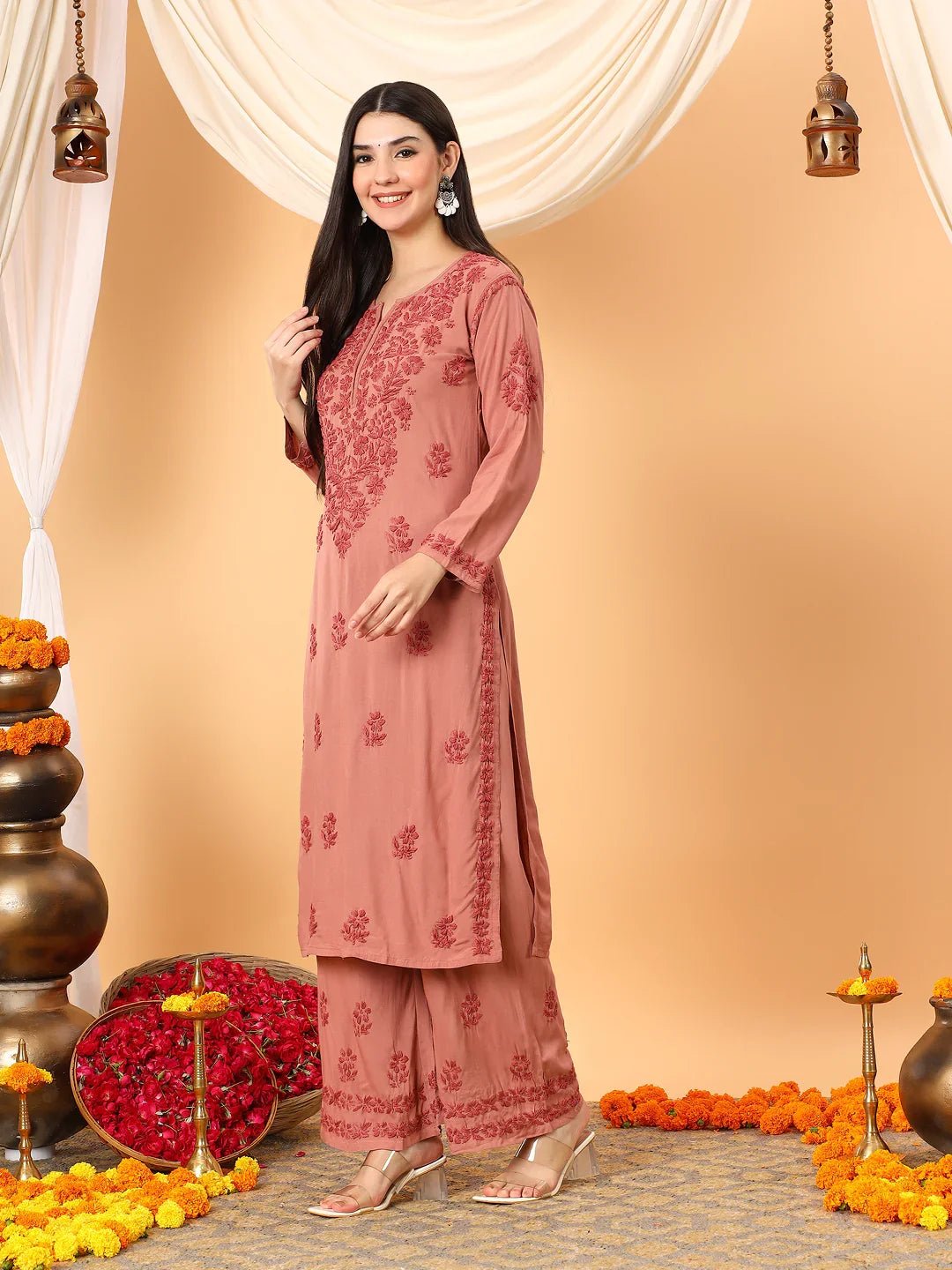 Faiza Chikankari Rayon Co-ord Set (Nude Coral) - Image 8