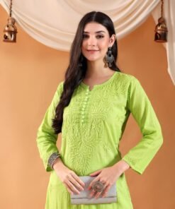 Ananya Chikankari Kurta Pant Cotton Co-ord Set (Parrot Green) - Image 4