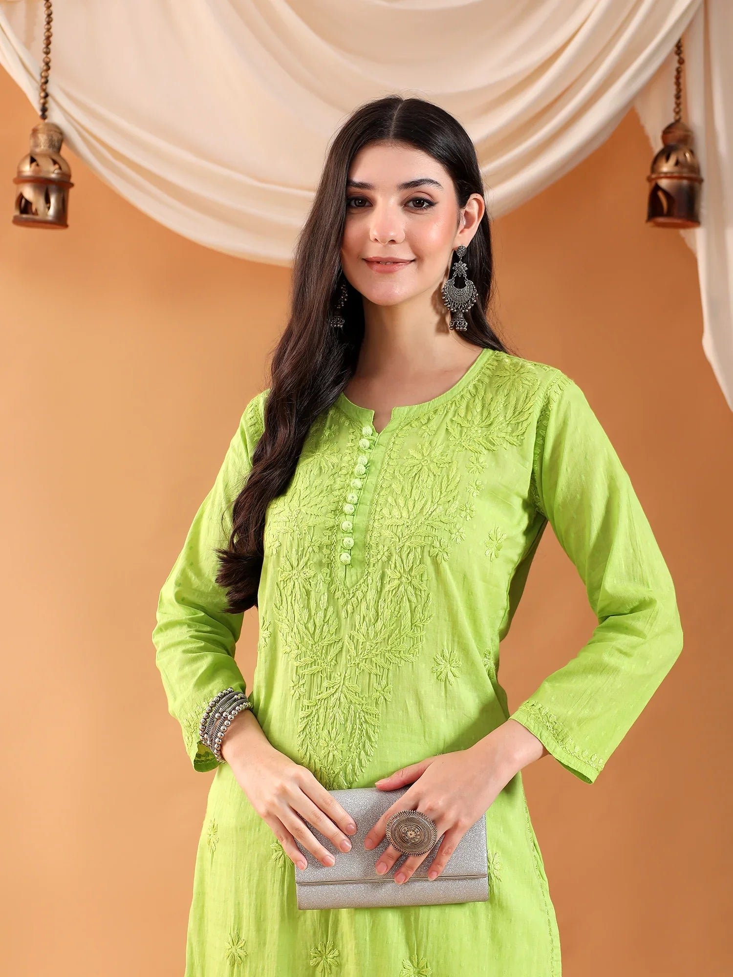Ananya Chikankari Kurta Pant Cotton Co-ord Set (Parrot Green) - Image 4
