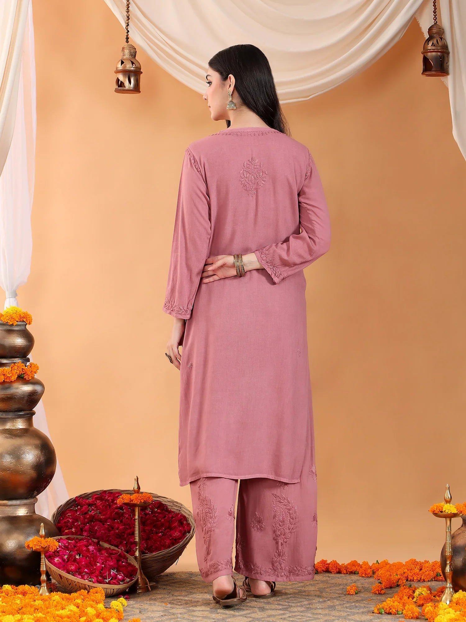 Maryam Chikankari Rayon Co-ord Set (Nude Coral) - Image 8