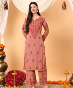 Faiza Chikankari Rayon Co-ord Set (Nude Coral) - Image 9