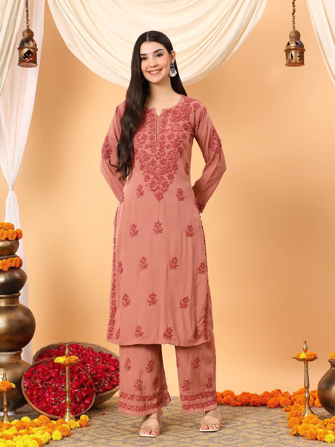 Faiza Chikankari Rayon Co-ord Set (Nude Coral) - Image 9