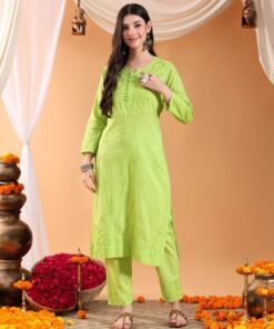 Ananya Chikankari Kurta Pant Cotton Co-ord Set (Parrot Green) - Image 5