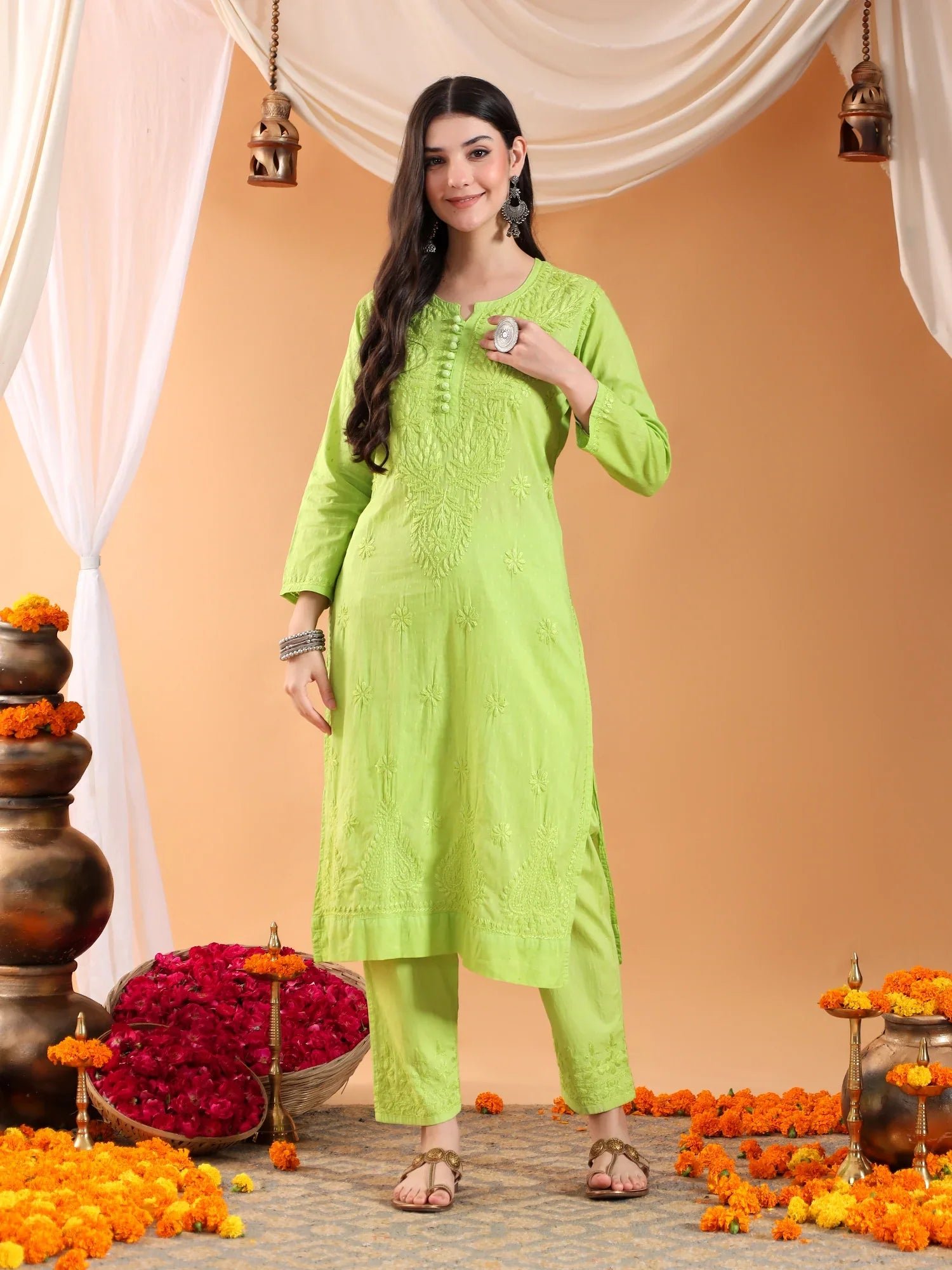 Ananya Chikankari Kurta Pant Cotton Co-ord Set (Parrot Green) - Image 5