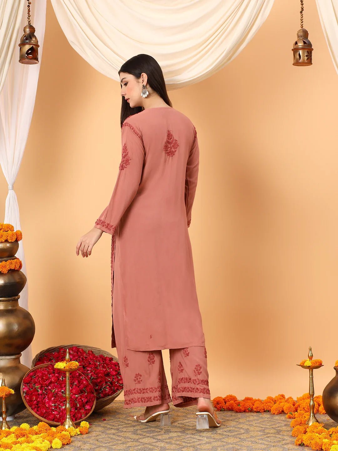Faiza Chikankari Rayon Co-ord Set (Nude Coral) - Image 10