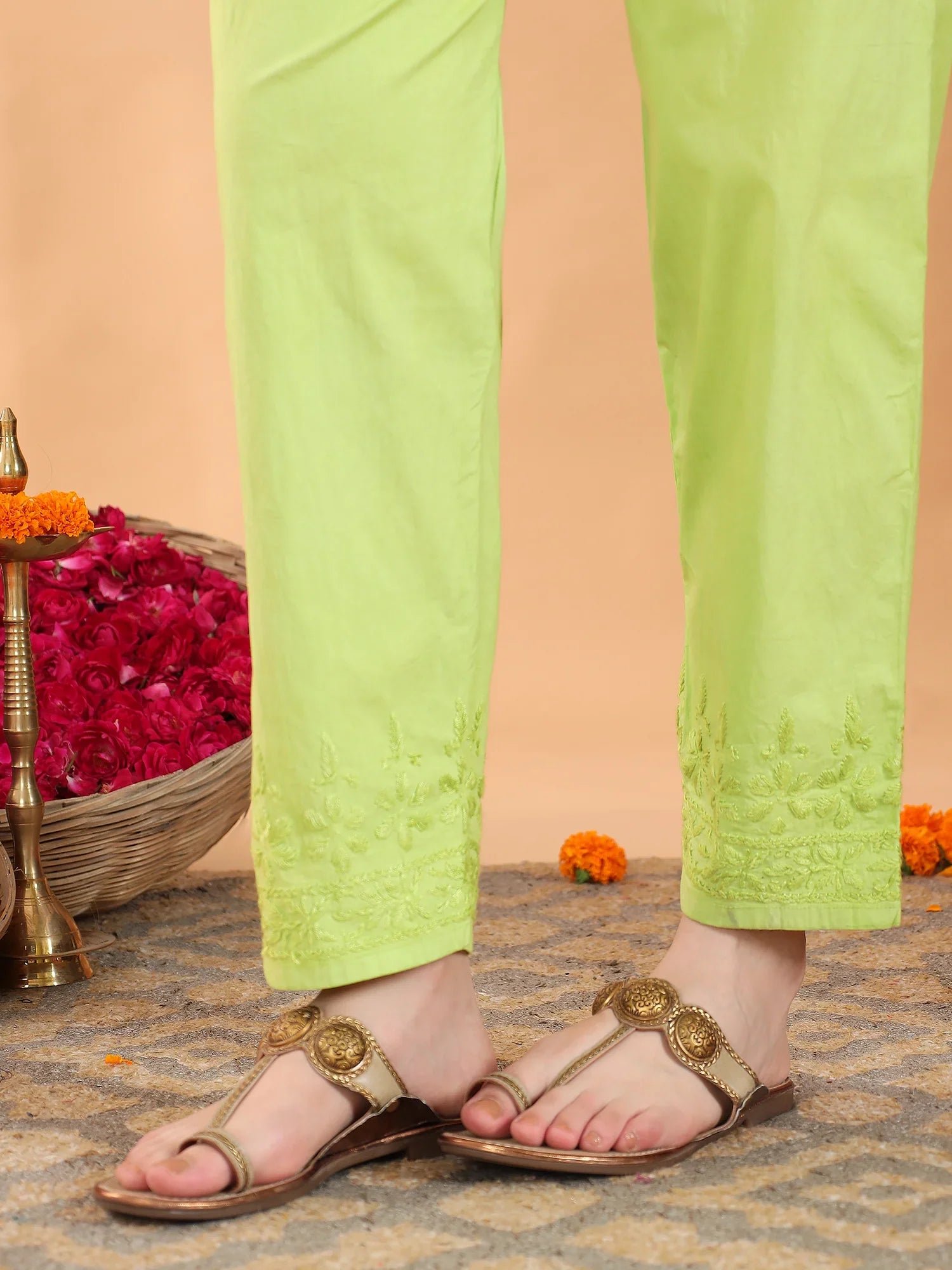 Ananya Chikankari Kurta Pant Cotton Co-ord Set (Parrot Green) - Image 6