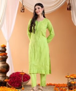 Ananya Chikankari Kurta Pant Cotton Co-ord Set (Parrot Green) - Image 7