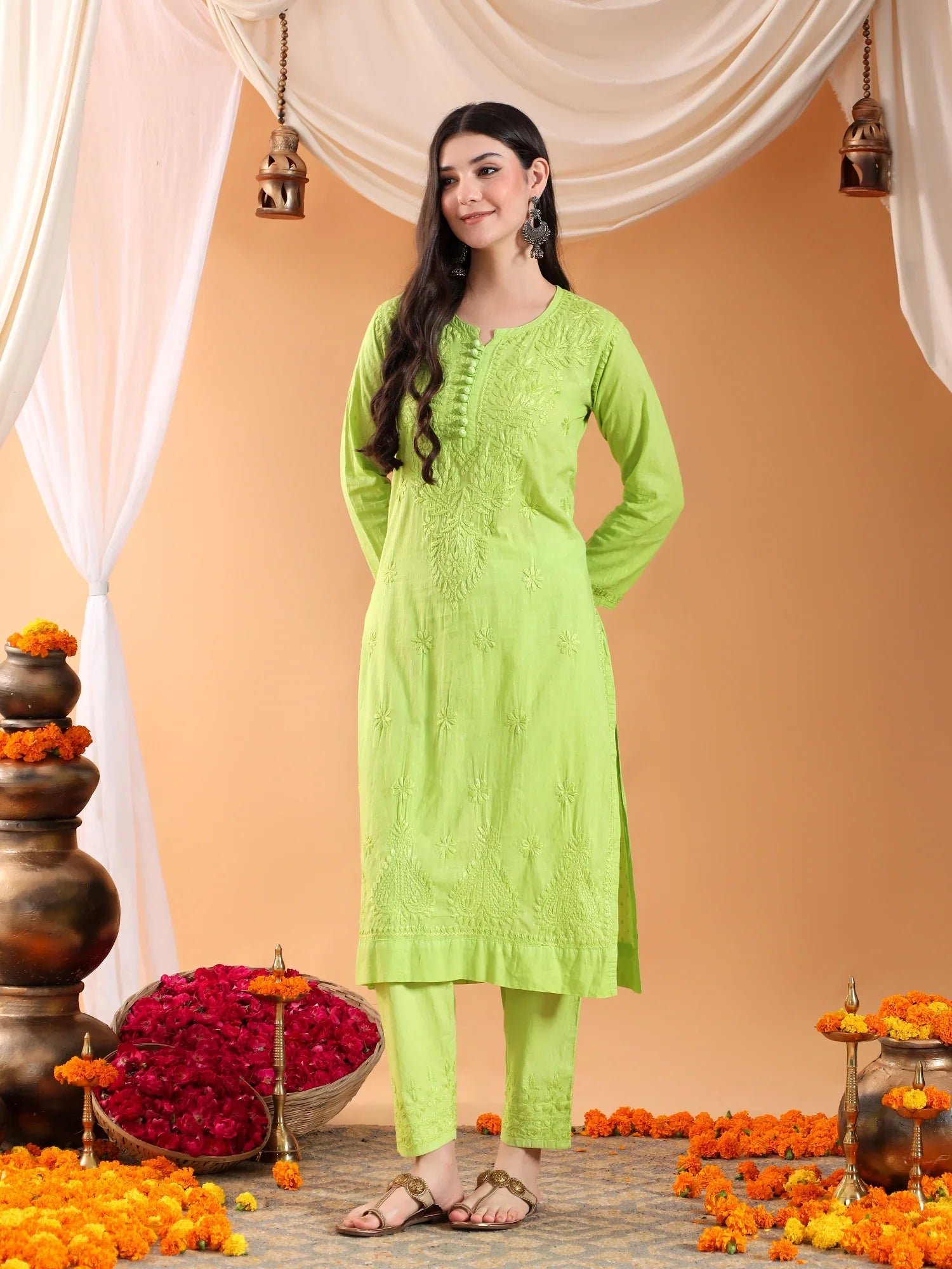 Ananya Chikankari Kurta Pant Cotton Co-ord Set (Parrot Green) - Image 7