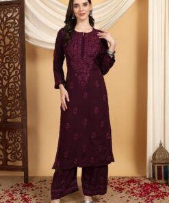 Faiza Chikankari Rayon Co-ord Set (Wine)