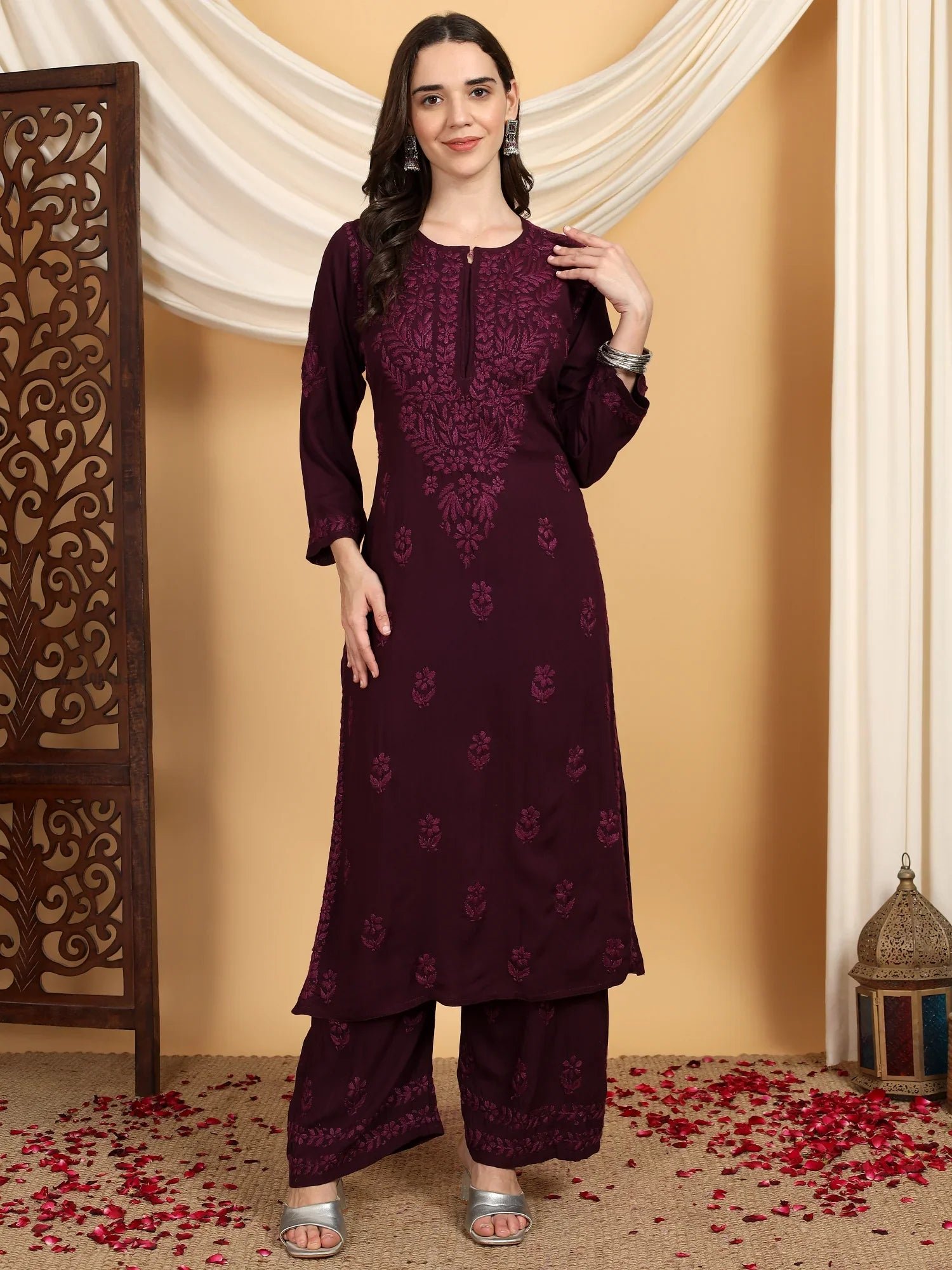 Faiza Chikankari Rayon Co-ord Set (Wine)